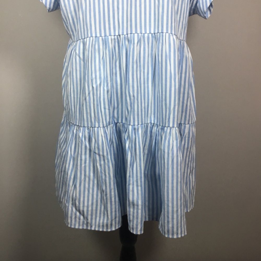 Light blue & white striped button down summer dress shirt sleeve tiered skirt L - Picture 7 of 8